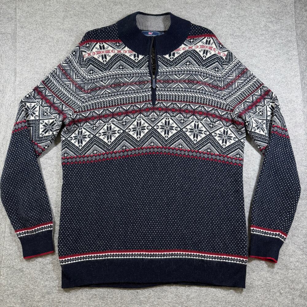Vineyard Vines Wool & Alpaca Fair Isle Knit Sweater Mens XL Navy 1/4 Zip Preppy